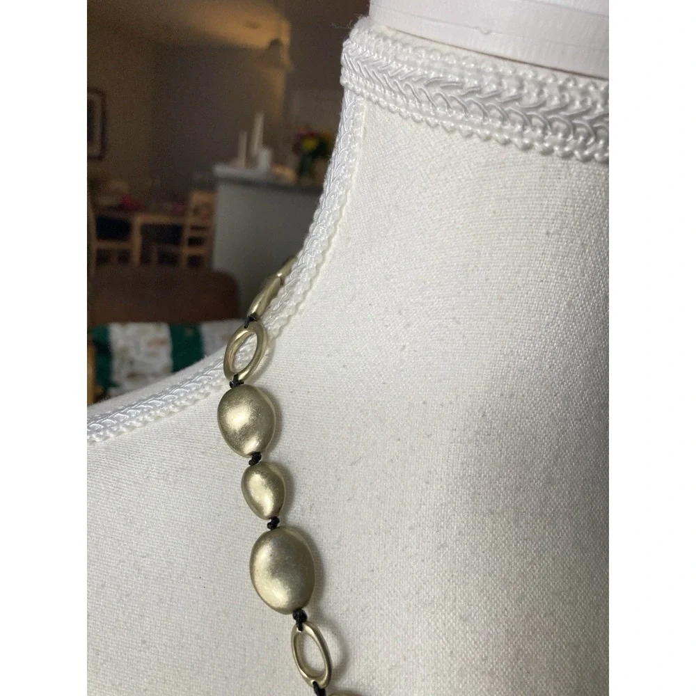 Matte Gold Tone Disc Necklace Black Cord‎ Oval Beads Tarnished Look Minimalist